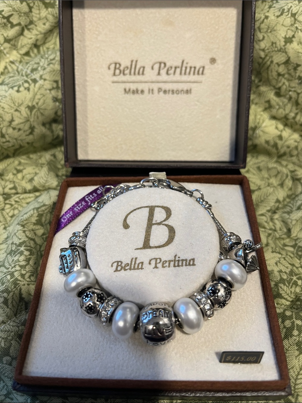 bella Perlina Silver and White Pearl Charm Bracelet